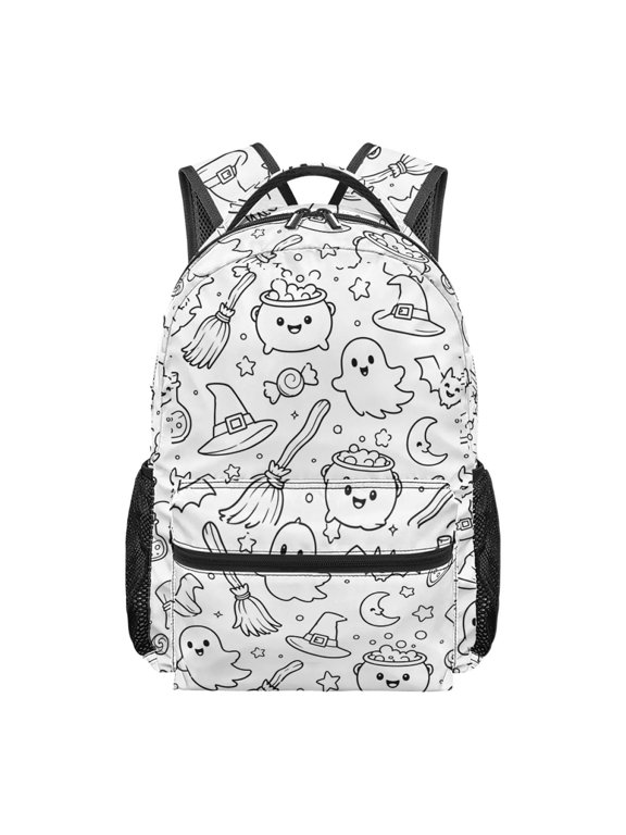 DIY Coloring Backpack with Halloween Ghost Witch Hat Cauldron Broom Line Art Printed Double Shoulder Sports Daypack With Spacious Zipped Compartment For Travel Gym Daily Use(43x30x19cm)