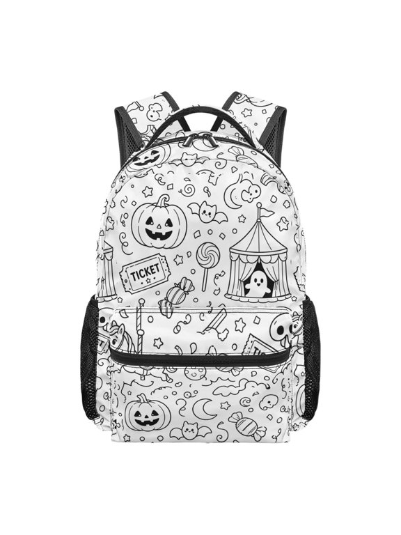 DIY Coloring Backpack with Halloween Pumpkin Circus Tent Bat Ticket Candy Line Art Printed Double Shoulder Sports Daypack With Spacious Zipped Compartment For Travel Gym Daily Use(43x30x19cm)