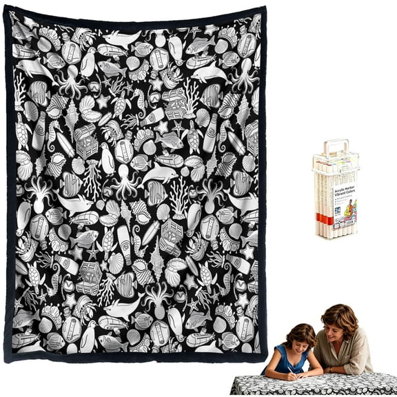 DIY Coloring Blanket with 24 Colors Markers, 50"x60" Soft Sherpa Throw, Giant Doodle Coloring Blanket, Creative Arts and craftsblanket for Adults, Washable