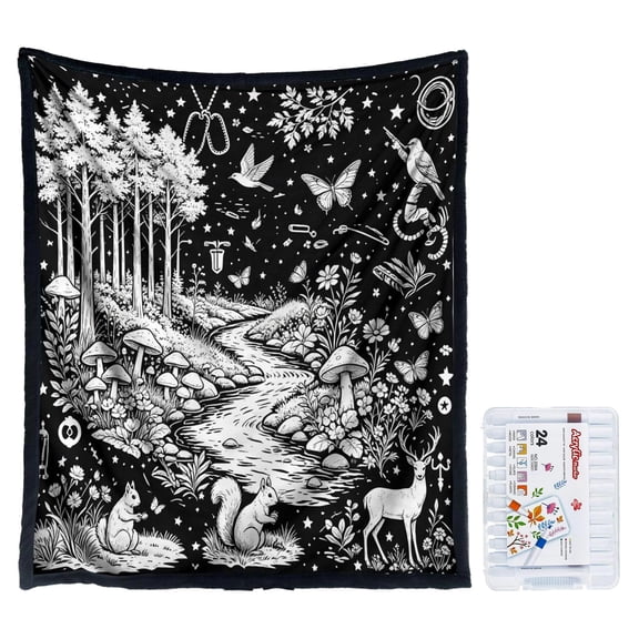 DIY Coloring Blanket with 24 Markers, 59 x 50 Inch Washable Color Your Own Blanket, Soft Polyester Craft Kit for Kids Adults, Creative Bedroom Decor Birthday Gift (I-1pcs#1)