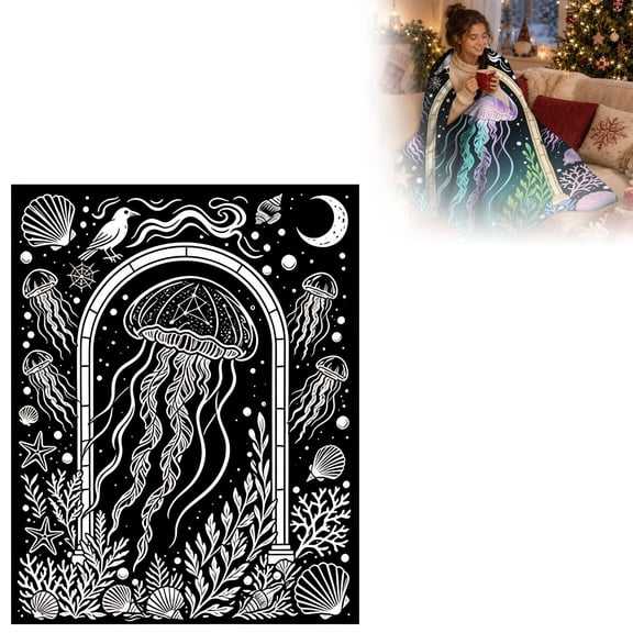DIY Coloring Blanket with 24 Pcs Color Markers Set for Adults and Kids, Jellyfish Create Your Ocean Theme Throw, Creative Craft Kit for Home and Family Time, 50 x 59 in