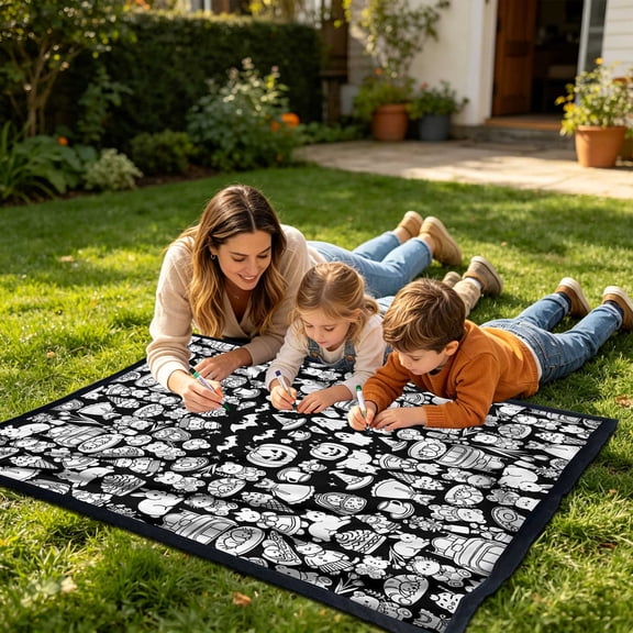 DIY Coloring Blanket, 50 x 60 Inch Coloring Blanket for Adults and Kids, Scenery Doodle Blanket with 24 Washable Markers for Daily Use and Home Decor