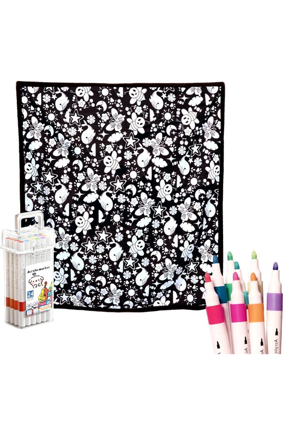 DIY Coloring Blanket for Adults, 50x60 Inch Velvet Fleece Throw with 24 Washable Markers, Reusable Art Blanket for Home Decor, Family Activity Unique Gift (B)