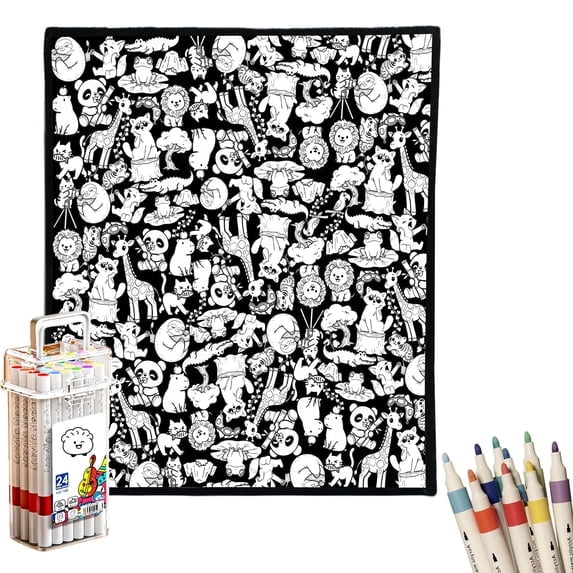 DIY Coloring Blanket for Adults, 50x60 Inch Velvet Fleece Throw with 24 Washable Markers, Reusable Art Blanket for Home Decor, Family Activity Unique Gift (E)