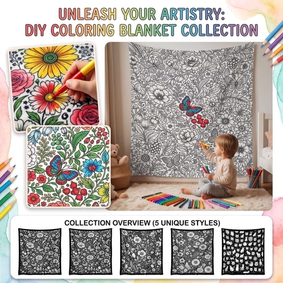 DIY Coloring Blanket for Adults & Kids, 50x60 Inch Flower Vine DIY Art Blanket with Marker Kit, Velvet Back Blanket, Perfect Birthday Craft Gift for Family