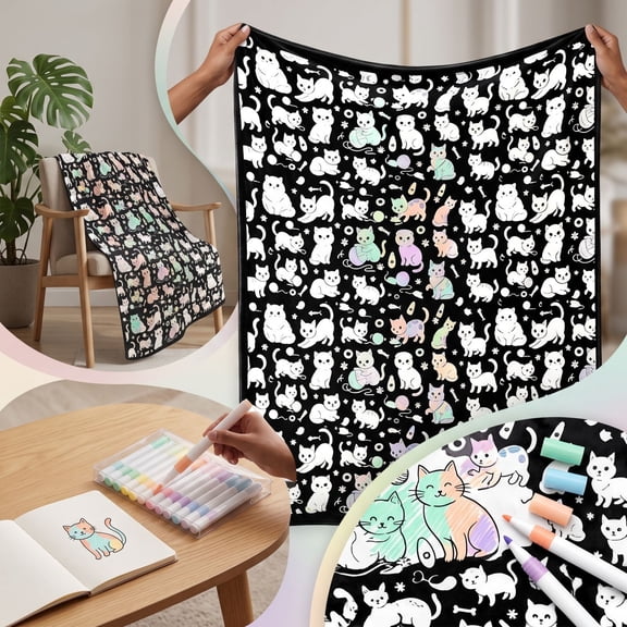 DIY Coloring Blanket for Adults and Kids, Cat Create Your Flannel Throw, with 24 Color Markers, Creative Craft Kit for Home and Family Time, 50 x 59 in