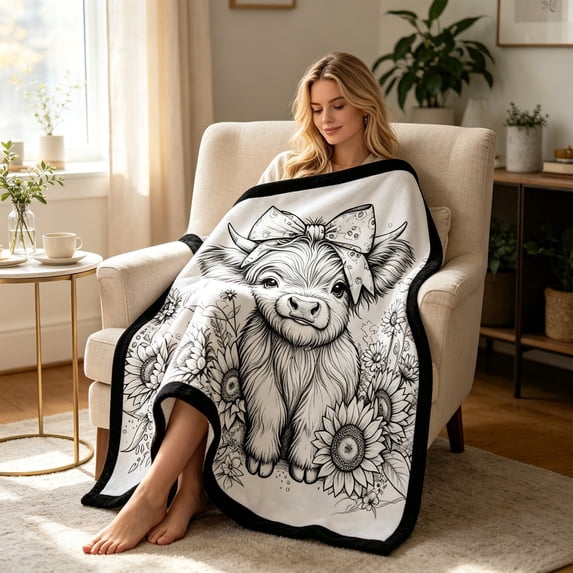 DIY Coloring Blanket for Adults and Kids, Highland Cow Create Your Polyester Throw, Washable Coloring Throw with Colored Markers, Creative Art Activity, 27.6 x 39.4 in