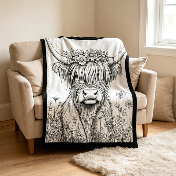 DIY Coloring Blanket for Adults and Kids, Highland Cow Decorate Your Own Polyester Throw, Washable Coloring Throw with Colored Markers, Creative Art Activity, 27.6 x 39.4 in