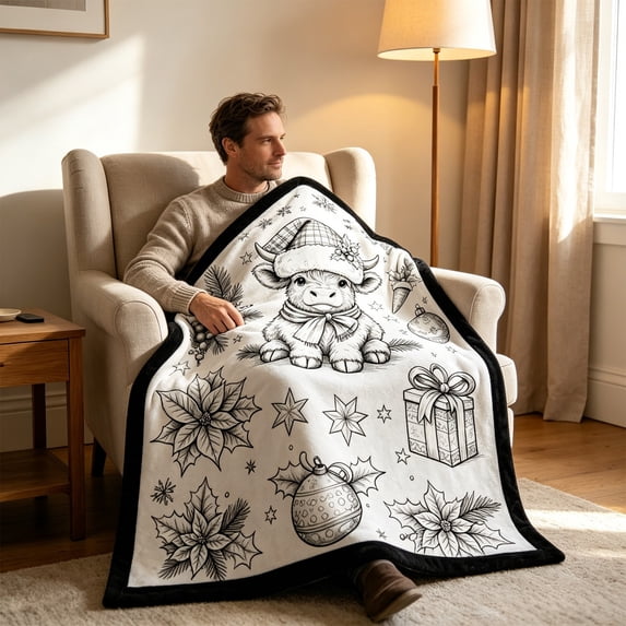 DIY Coloring Blanket for Adults and Kids, Highland Cow Create Your Polyester Throw, Washable Coloring Throw with Colored Markers, Creative Art Activity, 27.6 x 39.4 in