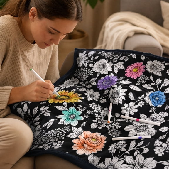 DIY Coloring Blanket for Adults and Kids, Rose Create Your Flannel Throw, with 24 Color Markers, Creative Craft Kit for Home and Family Time, 50 x 59 in