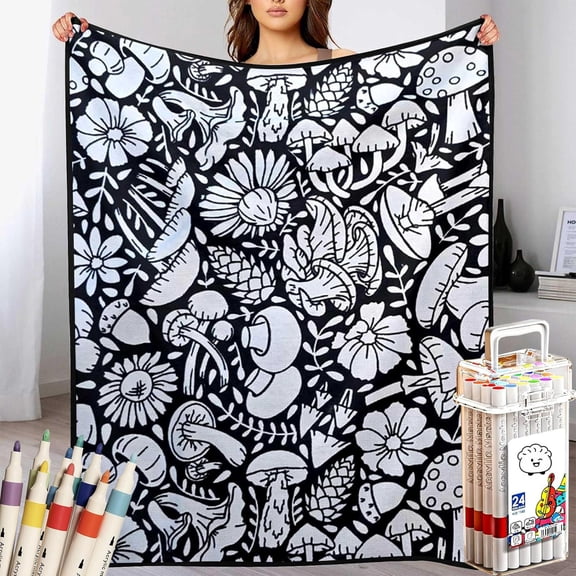 DIY Coloring Blanket, Coloring Blanket with Markers, Color Blankets for Adults, Creative Art Blankets, Holiday Decorations for Halloween Decor with 24Pcs Colored Pens (B)