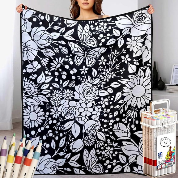 DIY Coloring Blanket, Coloring Blanket with Markers, Color Blankets for Adults, Creative Art Blankets, Holiday Decorations for Halloween Decor with 24Pcs Colored Pens (B)