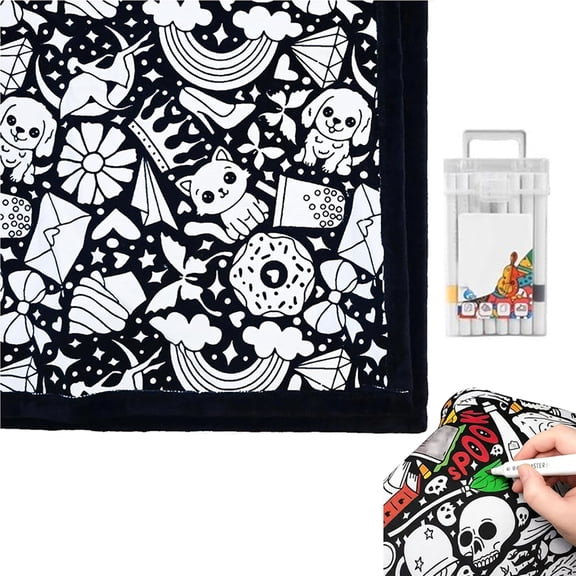 DIY Coloring Blanket with Markers, Washable Coloring Blanket, 50x60 Inch Creative Personalized Art Blankets, Soft Cozy Bedroom Decor for Family Activity (Happy Doodles)