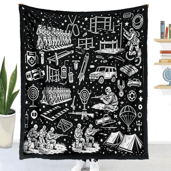 DIY Coloring Blanket, Polyester Soft Throw Blanket,50"x60" Soft Sherpa Throw, Pre-Printed Pattern Blanket with Washable Fabric Markers, Multipurpose Decor Blanket (Soldiers)