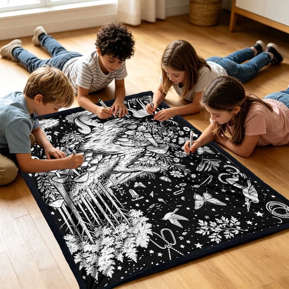DIY Coloring Blanket for Adults and Kids, Forest Create Your Polyester Throw, with 24 Color Washable Markers, Creative Art Activity, 50 x 60 in