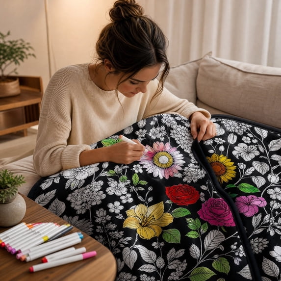 DIY Coloring Blanket for Adults and Kids, Mixed Flowers Create Your Flannel Throw, with 24 Color Markers, Creative Art Activity, 50 x 59 in