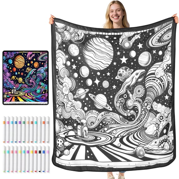 DIY Coloring Blanket with 24 Colored Markers 51x59"Washable for Adult