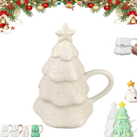 DIY Coloring Christmas Tree Mug , Ceramic Christmas Tree Mug with Lid - White Design, Paint Your Own Ceramic Mug Set with 6 Acrylic Paints & Brush, Creative Xmas Decoration ,Holiday Art Decoration