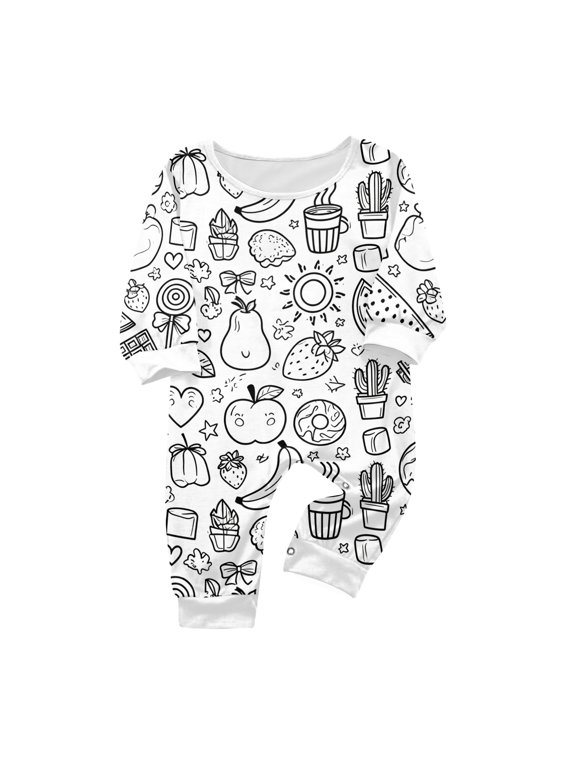 DIY Coloring Family Matching Pajamas Set Food Life Print Long Sleeve Tops Pants Soft Sleepwear Loungewear Outfits for Family Reunion