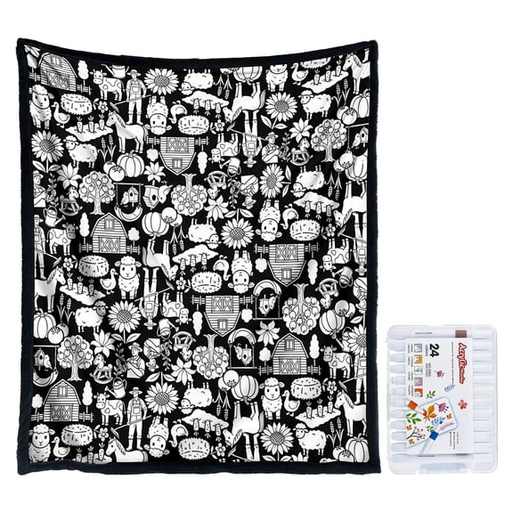 DIY Colouring Blanket with Marker-Pens, 24 Washable Fabric Marker-Pens,Velvet Color Your Own Canvas, Creative Stress-Relief Art Home Gift,Shepherd