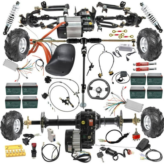 DIY Complete Go Kart Assembly Kit, 4 Wheel Drive Kit, 34" Rear Axle, 48V 1000W Motor Differential, 7" Wheels, Steering Kit, Front Drive Axle Motor, Shock Swing Arm for ATV, Quad, Golf Cart