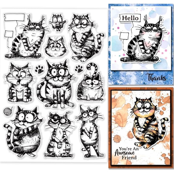 DIY Coy Cat Clear Stamps Funny Cat Silicone Clear Stamp Seals Cartoon Cat Transparent Stamps for DIY Scrapbooking Cards Making Photo Album Journal Home Decoration 8.27x5.83 inch DIY