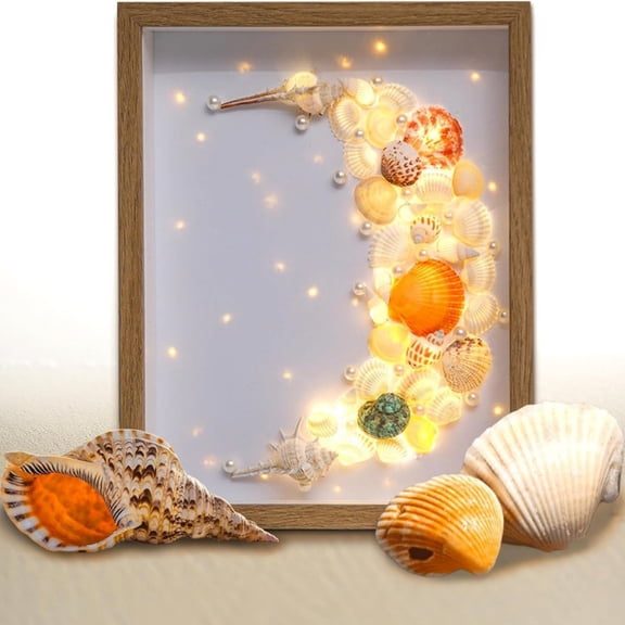 DIY Craft Kit Shadow Box & Night Light 8.7x10.7", 3D Shell Art Frame with LED Moon Shapes, Handmade Bedroom Decor and Creative Gift Set