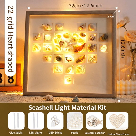 DIY Craft Kit Shadow Box & Night Light12.6x12.6", 3D Shell Art Frame with LED Heart Shapes, Handmade Bedroom Decor and Creative Gift Set