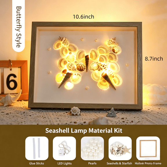 DIY Craft Kit Shadow Box & Night Light8.7x10.7", 3D Shell Art Frame with LED Butterfly Shapes, Handmade Bedroom Decor and Creative Gift Set