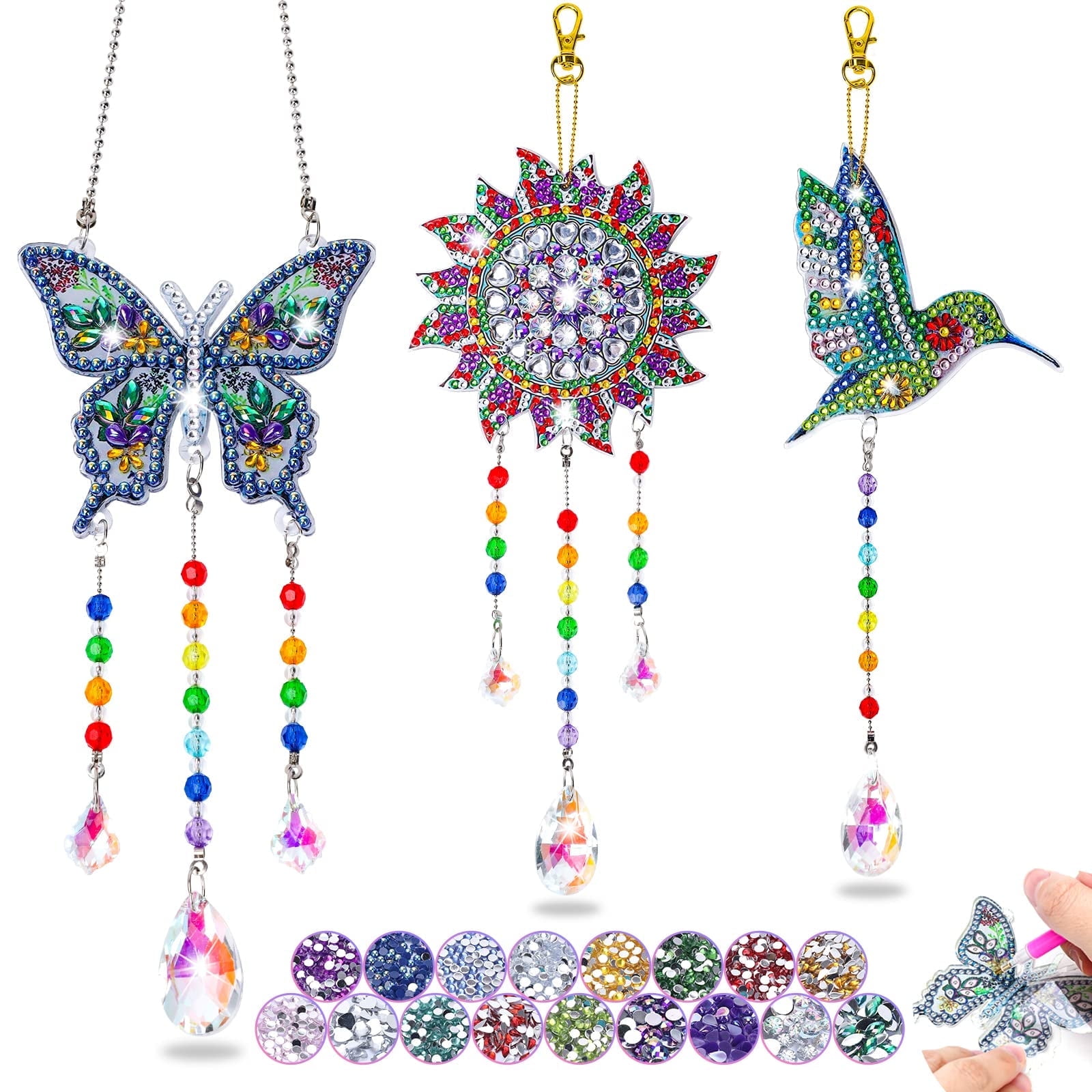 DIY Creative Diamond Painting Gift Kit for Girls Aged 6-12, 3Pcs Diamond Painting Suncatcher Wind Chimes Hanging Ornament for Garden Window and Balcony, Butterfly Sun Hummingbird