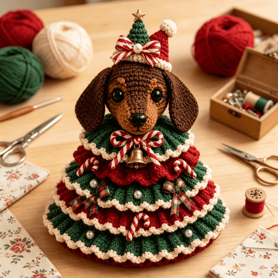 DIY Crochet Animal Christmas Tree Kit, Beginner Friendly Holiday Craft Kit with Yarn and Crochet Supplies, Handmade Christmas Decoration Project for Home Table Decor, Seasonal Activity Gift,Dog
