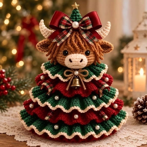 DIY Crochet Animal Christmas Tree Kit, Holiday Gift Craft Set for Crochet Enthusiasts, Beginner Friendly Handmade Christmas Decoration Project with Materials for Tabletop Home Display,Highland Cow