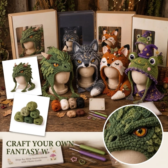 DIY Crochet Animal Hat Kit, Fantasy Theme Crochet Set with Yarn, Hooks & Photo Guide, Handmade Winter Beanie Craft Project for Adults