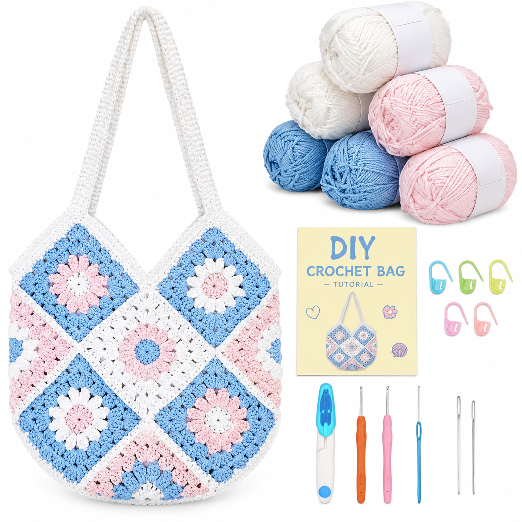 DIY Crochet Bag Kit, Hollow Flower Handbag Craft Set with Cotton Yarn