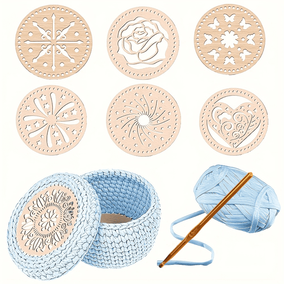 DIY Crochet Basket Kit with Wooden Bottoms and Lids, 6Pcs Circular Hollow Floral Wood Bases,1 Fabric Yarn & 1 Crochet Hook, Weaving Supplies for Storage Baskets, Bags and Home Decor, 6" Crochet Base
