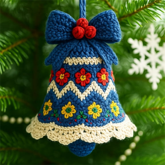 DIY Crochet Christmas Bell Ornament Kit, Complete Beginner Christmas Craft Kit with Yarn & Instructions, Beginner Christmas Crochet Kit, Hand-Knitted Xmas Bell Decoration, for Crafts Lovers