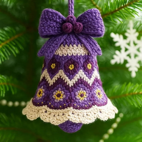 DIY Crochet Christmas Bell Ornament Kit, Complete Beginner Christmas Craft Kit with Yarn & Instructions, Hand-Knitted Christmas Bell Decoration for Crafting a Personalized Christma Bells (Purple)