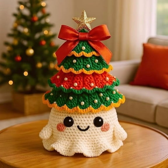 DIY Crochet Christmas Tree and Halloween Ghost Kit Holiday Craft Set for Beginners with Yarn Hook Beads Bow Step-by-Step Instructions Festive Handmade Decoration or Gift