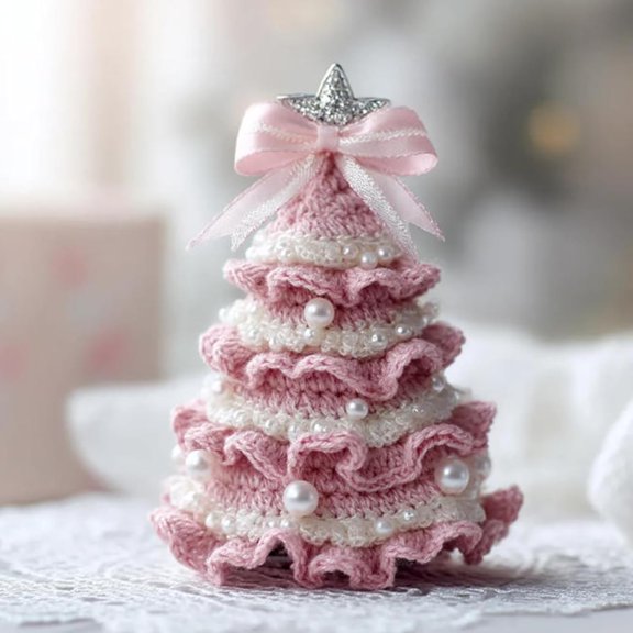 DIY Crochet Christmas Tree Kit,Handmade Crochet Christmas Tree,Tree Bow Pearl Embellishment,Beginner Christmas Crochet Kit,Christmas Craft Kit with Yarn Hook Beads Instructions