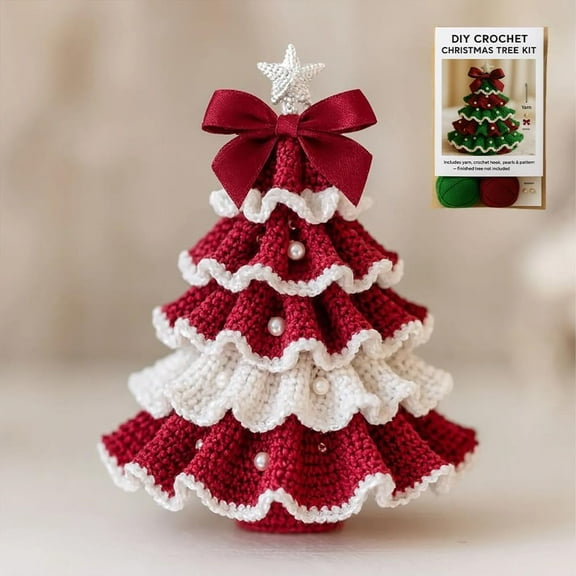 DIY Crochet Christmas Tree Kit,Handmade Crochet Christmas Tree,Tree Bow Pearl Embellishment,Beginner Christmas Crochet Kit,Christmas Craft Kit with Yarn Hook Beads Instructions