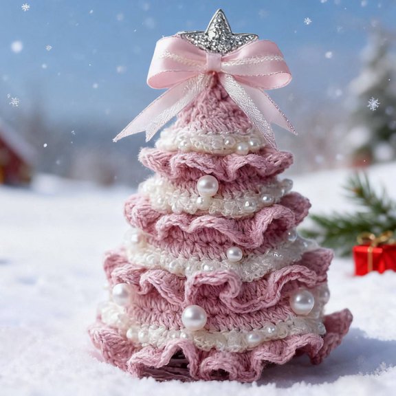 DIY Crochet Christmas Tree Kit, Handmade Xmas Tree Craft Set with with Yarn, Hook, Pearls & Ribbon, Festive Home Decor for Holiday Gift & Decoration