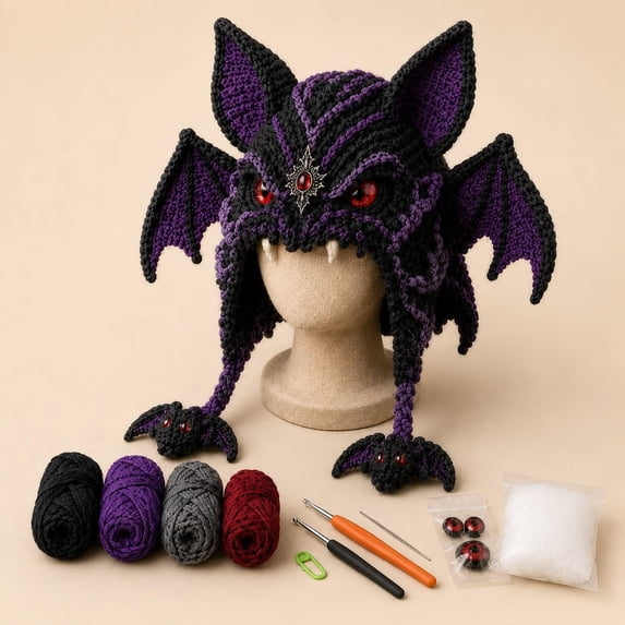 DIY Crochet Creature Hood Hat Kit,Halloween Fantasy Earflap Beanie for Adults Beginners,Complete Set with Hooks Yarn Patterns,Handmade Cosplay Party Headwear Gift(CC6)