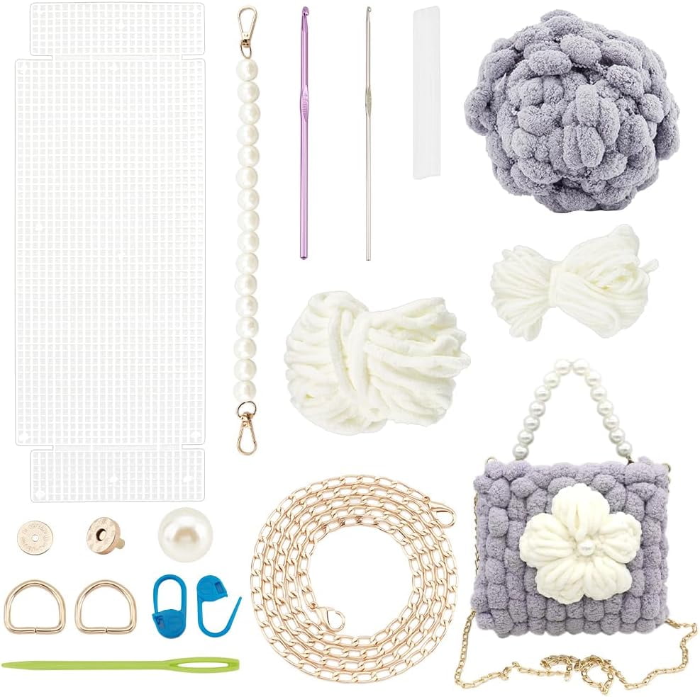 DIY Crochet Handbag Making Kit Hand-Knit Woven Tote Bag Making Kit Mesh Plastic Canvas Sheets Needlepoint Kit Handmade Shoulder Bag Making All Tool Yarns Bag Crafting Material Grey DIY