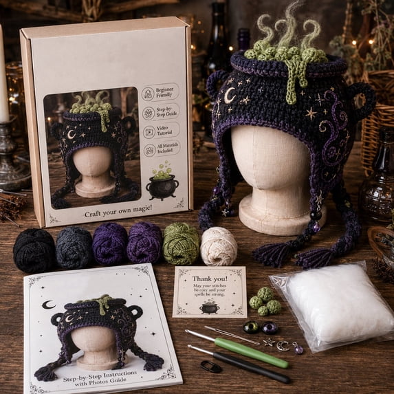 DIY Crochet Hat Kit, Highland Cow & Magic Cauldron Crochet Starter Set, Yarn Pack with Hooks Accessories, Beginner Friendly Handmade Craft Kit for Holiday Gift
