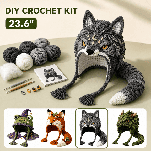DIY Crochet Hood Hat Kit for Beginners, Crochet Hooks, Stuffing, Eyes, Markers and Instructions, Winter Wearable Craft Project for Adults, Teens and Kids, DIY crochet hood hat kit, Gray, Style C