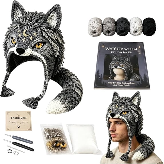 DIY Crochet Kit for Beginners, Hood Hat DIY Crochet Making Set with Fantasy Wearable Hood Hat Craft Set with Yarn, Creative Handmade Project and Relaxing Craft Activity,Celestial Night Wolf
