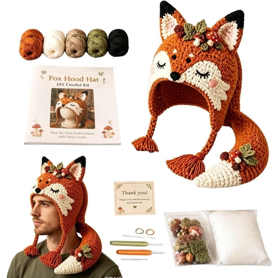 DIY Crochet Kit for Beginners, Hood Hat DIY Crochet Making Set with Fantasy Wearable Hood Hat Craft Set with Yarn, Creative Handmade Project and Relaxing Craft Activity,Autumn Fox