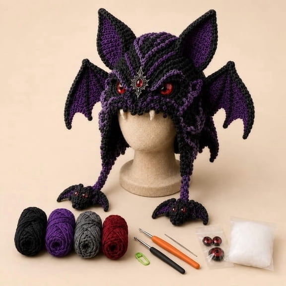 Complete DIY Crochet Kit for Beginners, Halloween Fantasy Hood Hat Craft Set with Yarn, Hook, Instructions and Gift Box