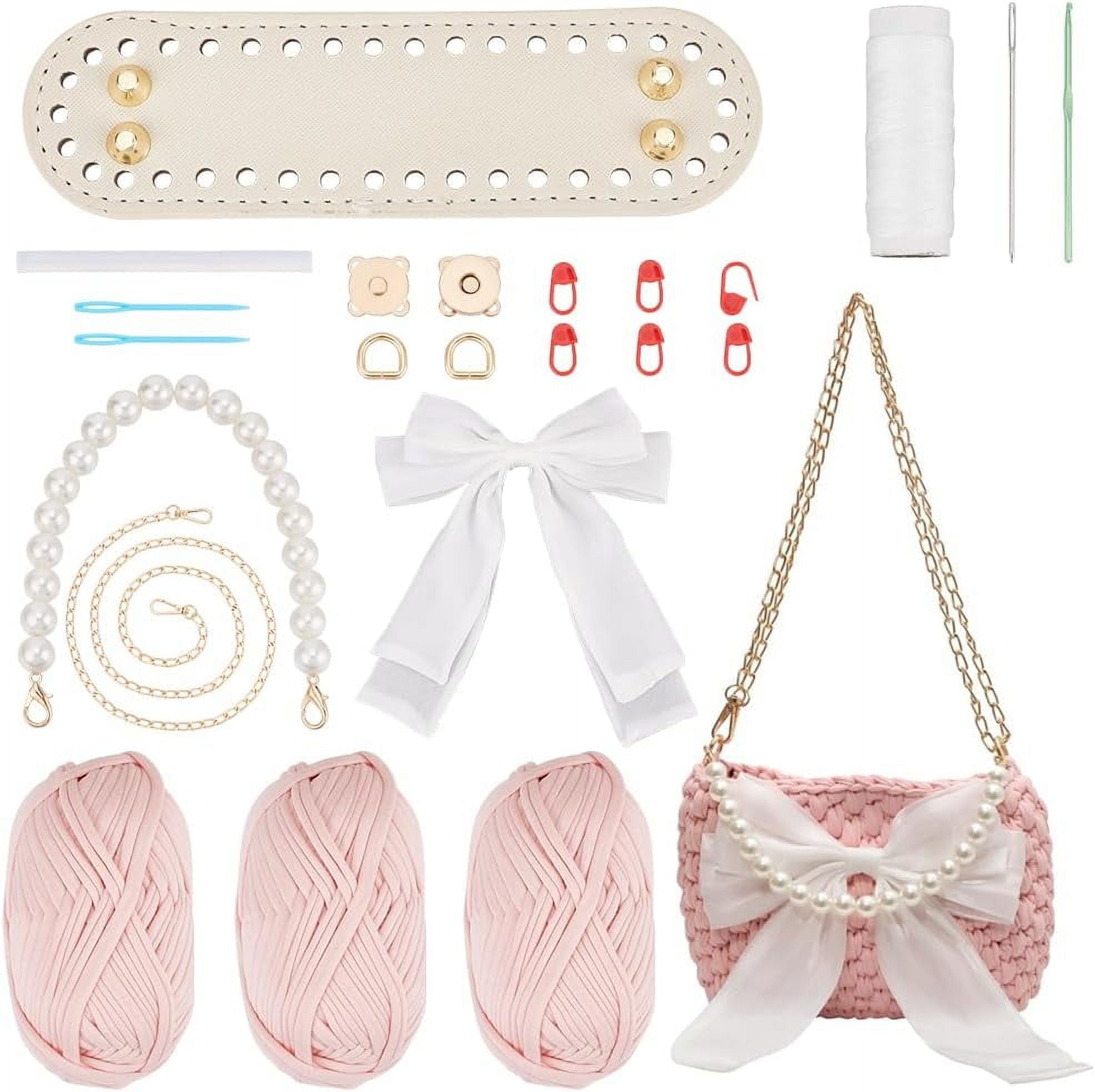 DIY Crochet Knitting Bag Kit Handmade Crochet Handbag Making Kits Women's Bowknot Crossbody Bag Making Kit 9x2x5.9 Inch Pink
