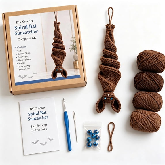 DIY Crochet Spiral Bat Suncatcher Complete Kit, Halloween Crochet Craft Set with Yarn, Hook, Needle and Step-by-Step Instructions